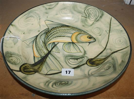 Adrian Brough studio pottery bowl painted carp among weeds, signed monogram & dated 00, dia 14in
